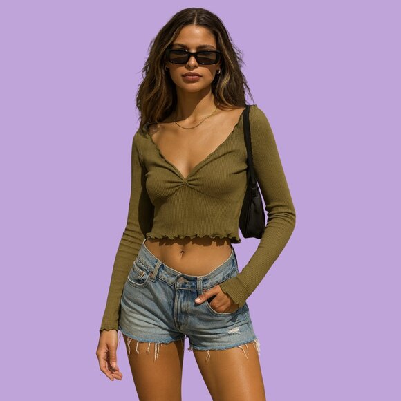 Urban Outfitters Olive Green Ribbed Long Sleeve Crop Top (Size M) - Picture 1 of 8